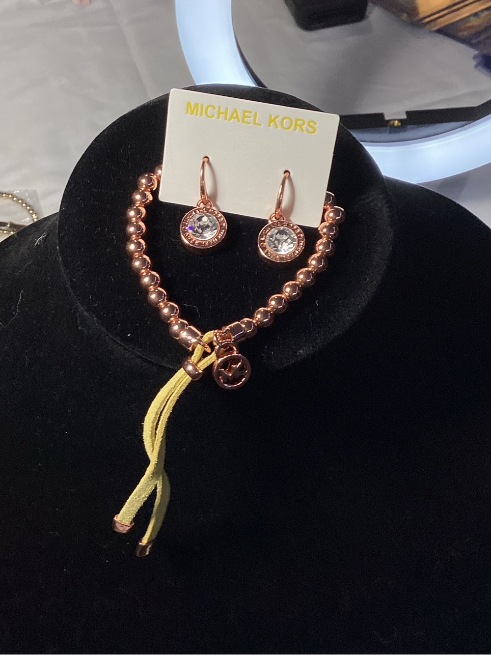 Michael Kors Rose Gold Bead Bracelet & Crystal Drop Earrings Set, NWT, Rose Gold